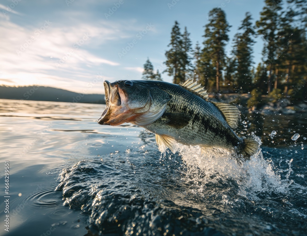 Obraz premium A large bass leaps from a lake