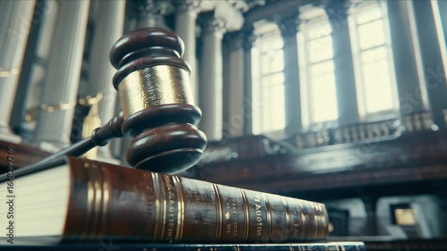 Symbol of justice. Gavel and book on the background of the court. Judicial system