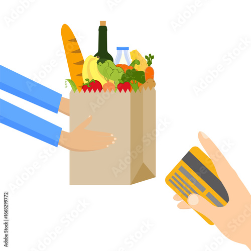 Food delivery, door to door. Online shopping with credit card vector illustration design isolated