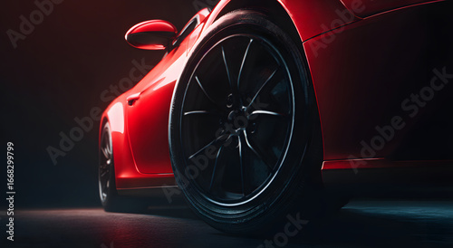 closeup of a red sports car wheel with low profile black tire and chrome rim detail photographed from a low angle under cinematic studio lighting against dark background showing luxury auto design