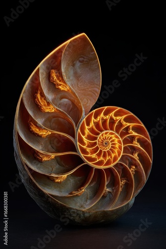 Nautilus Shell Cross-Section with Golden Ratio Spiral on Black Background