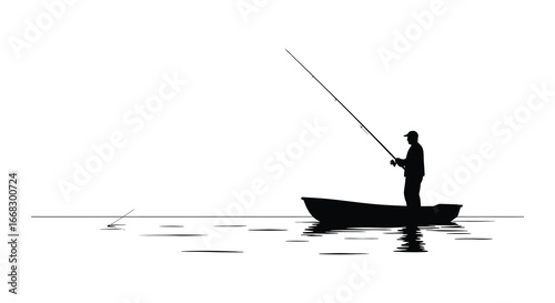 man in a boat fishing with a rod in calm waters