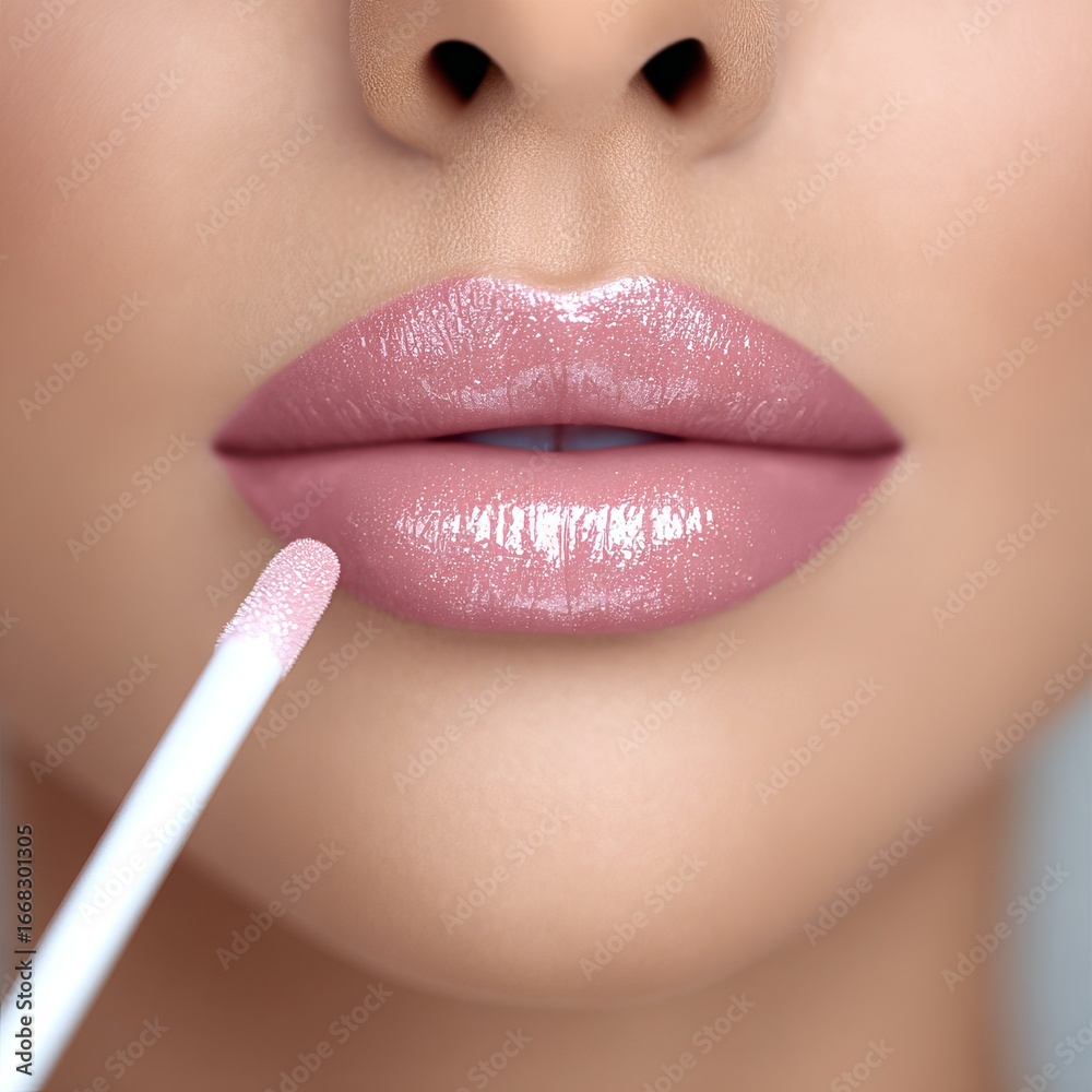 Naklejka premium Close-up of a woman applying glossy pink lip gloss with a wand, showcasing smooth lips and a radiant complexion, emphasizing beauty and cosmetic application techniques