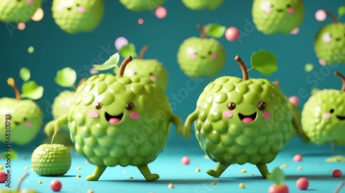 Animated Green Apples with Faces Dancing and Smiling in a Cheerful Video Scene