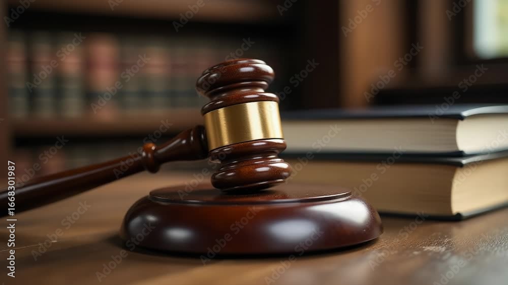 A wooden gavel rests on a wooden table, ready for use A wooden gavel rests on a wooden table, ready for use
