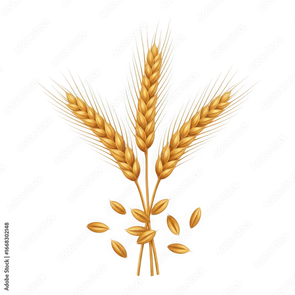 Fototapeta premium Golden wheat stalks and grains isolated on transparent background