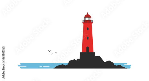 A red lighthouse on a rocky island with birds flying nearby ocean water