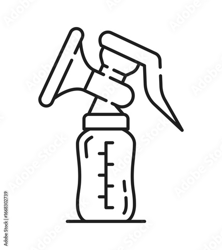 Infant breastfeeding breast milk pump line icon or pictogram. Motherhood lineart vector sign, woman lactation outline icon. Breastfeeding breast milk pump and bottle thin line symbol or pictogram