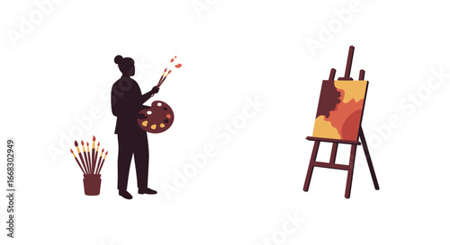 Artist standing with easel and painting supplies in a creative studio setup