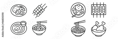 Vector illustration of various Asian dishes in minimalist style