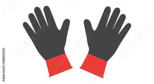 A pair of black gloves with red cuffs on a white background