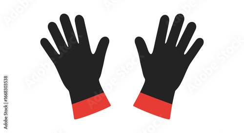 A pair of black gloves with red cuffs on a white background