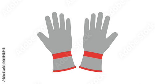 A pair of gray work gloves with red cuffs on a white background