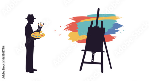 artist standing with paintbrushes and palette near an easel with canvas