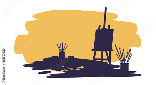 A dark blue silhouette of an easel with brushes and paint