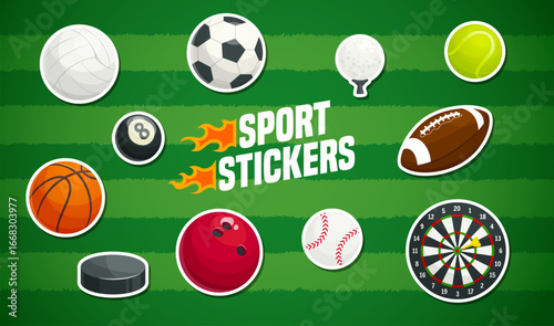 Sport game balls stickers pack on soccer green field vector background. Cartoon sport balls of baseball, basketball, football and golf, tennis, rugby, bowling and billiards games isolated stickers set