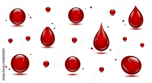 Red Water Droplets and Spheres Isolated on White Background for Medical or Cosmetic Use