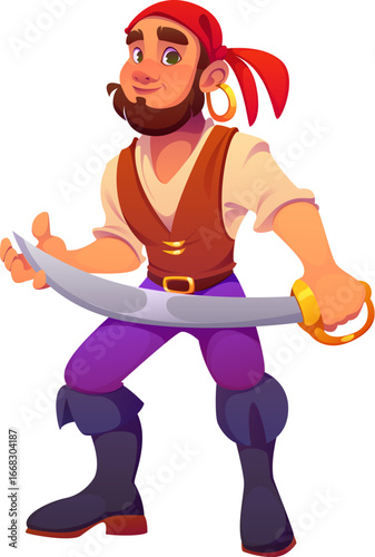 Cartoon medieval sea pirate or corsair sailor character. Isolated vector personage with cunning grin wearing red bandana, brandishing gleaming sword, ready for high seas adventures and daring exploits