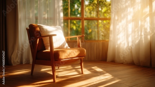 A beautifully designed armchair positioned by a window, drenched in warm sunlight, creating an inviting and serene atmosphere for relaxation and reflection.