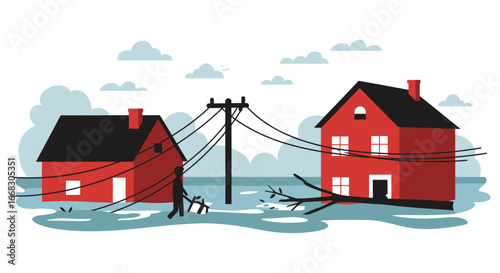 Flooded neighborhood with damaged houses and power lines