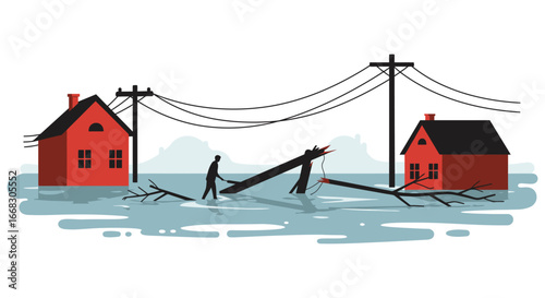 Flooded neighborhood with damaged houses and downed power lines and poles