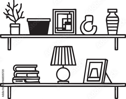 Shelves with decor vector illustration: books, plants, lamp, and artwork eps silhouette