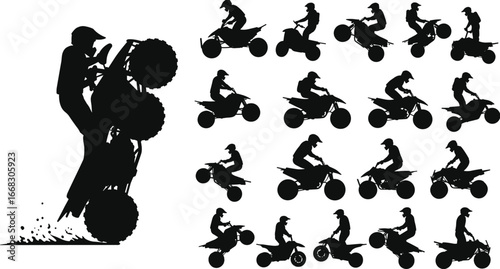 Quad bike silhouette vector illustration of ATV rider performing stunts, off-road extreme sport icons collection, adventure racing design set