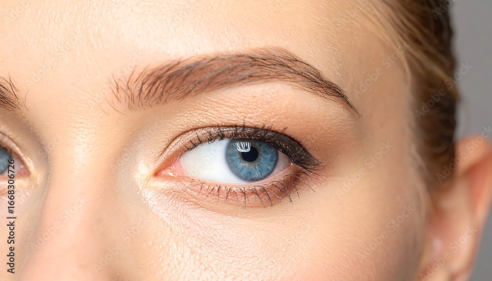 Obraz premium Close-up view of a woman's face showcasing expertly applied eye makeup, with a focus on the light-catching hazel tones of the eyes and brows.