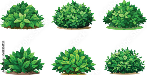Various stylized vector shrubbery, bushes, and plants in shades of green color