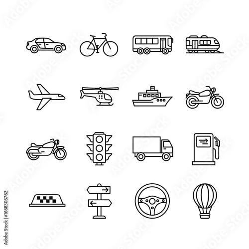 Diverse transport vehicles and infrastructure illustrated in clean, minimalist line art