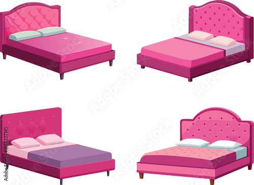 Isometric illustration of four pink tufted beds with different headboard styles