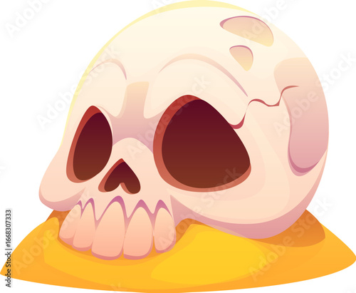 Cartoon human skull resting on a yellow sand mound, with exaggerated eye sockets and smooth shading. Isolated vector cranium, pirate treasure island icon evokes themes of danger, mystery and adventure