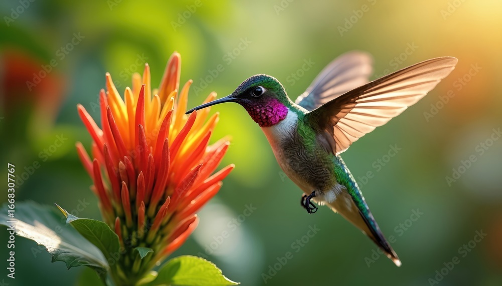 Fototapeta premium Hummingbird hovers near vibrant orange flower. Tiny bird with iridescent green feathers sips nectar. Delicate wings blurred by motion. Sunlight illuminates flora and fauna in garden habitat.