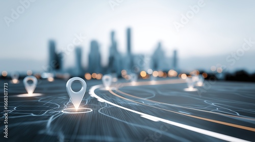 Digital map with glowing location pins and city skyline