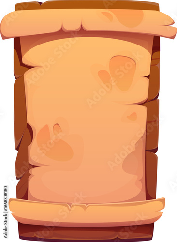 Cartoon pirate signboard, vertical scroll made of old parchment with curled edges and a weathered texture hanging on a wooden board. Vector frame for fantasy games, ancient messages or adventure maps