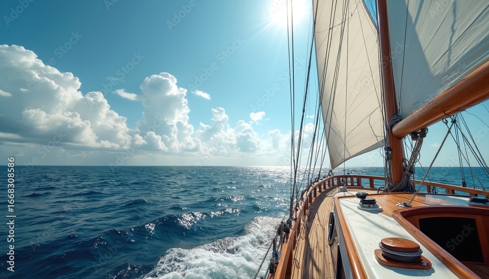 Fototapeta premium Sailboat glides across open ocean on clear sunny summer day. Experience travel, adventure on water. Enjoy vast blue seascape, wind in sails, bright sunlight. Perfect for vacation, leisure, nautical