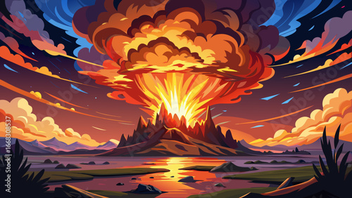 Dramatic Explosion Enveloping the Sky at Dusk
Fiery clouds consume the horizon, smoke towers into twilight, vibrant flames dance with chaotic fury, sky trembles under destruction’s weight, beauty and 