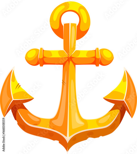 Cartoon golden ship anchor Caribbean pirates or corsairs game icon for sea adventures, nautical games or playful marine storytelling. Isolated vector marine armature equipment from old sailing boat