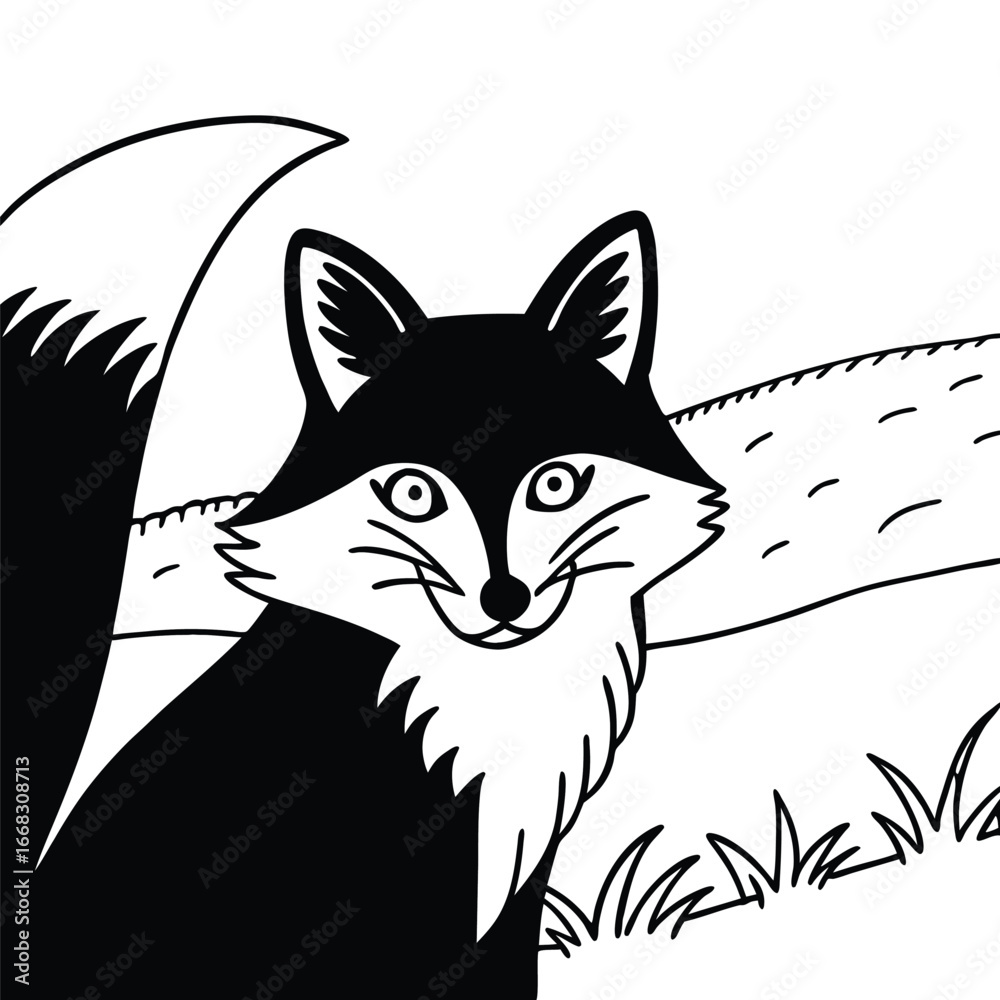 Fototapeta premium Cartoon Fox Illustration Vector | Black and White Fox in Field