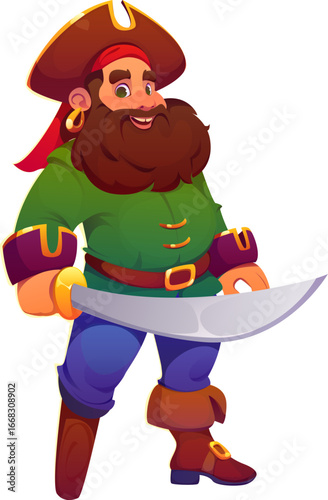Cartoon pirate and corsair character with bushy beard, tricorn hat with bandana, gold earring, wooden leg and saber. Funny vector cheerful captain personage with happy smile and swashbuckler vibe