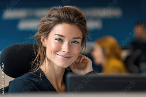 Smiling young woman sitting at office desk, professional workspace, confident and friendly expression, modern business environment Free Download Smiling young woman sitting at office desk, professional workspace, confident and friendly expression, modern business environment - GFXLoad