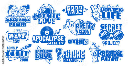 Blue y2k streetwear label icon elements. Vibrant vector set of retro futuristic trippy emblems, techno motifs, space themes, and emotional phrases for nostalgic fashion or digital pop culture signs