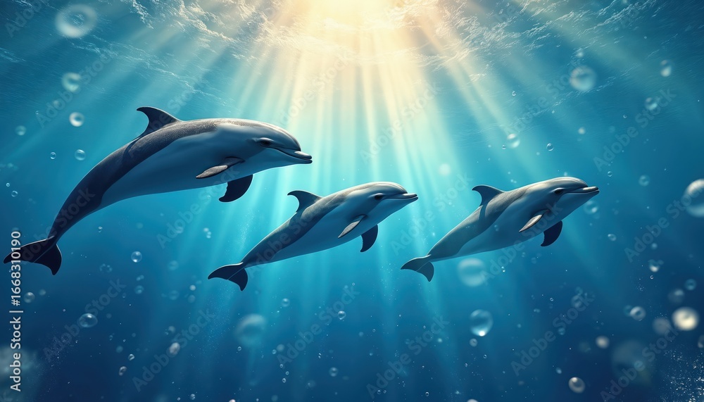 Fototapeta premium Three dolphins swim together in clear blue ocean water. Sunlight shines from above, illuminating bubbles, creating sunbeams through water. Peaceful underwater scene captures marine life, joyful