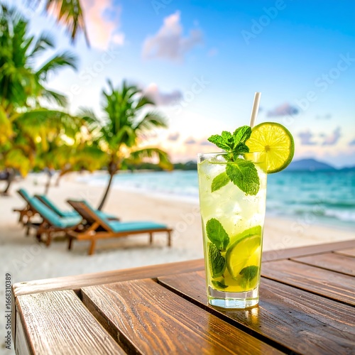 Refreshing mojito cocktail sits on a wooden table at a tropical beachside setting, bathed in warm sunlight and showcasing vibrant colors.