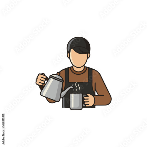 An illustrated barista pouring hot water from a kettle into a mug for coffee.
