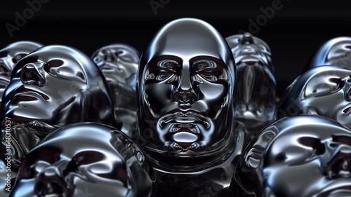 Chrome liquid metal flowing, transforming into human heads cluster, symbolizing technological evolution and artificial intelligence breakthrough on shadowy backdrop