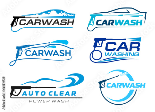 Car washing service icons of auto vector silhouettes with pressure washer gun, foam bubbles, water waves and drops, blue splashes and circle frames. Automobile, car or auto wash service symbols set