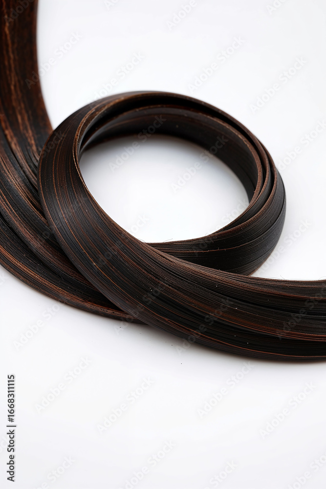 Dark Brown Hair Strand in a Spiral Shape on White Background