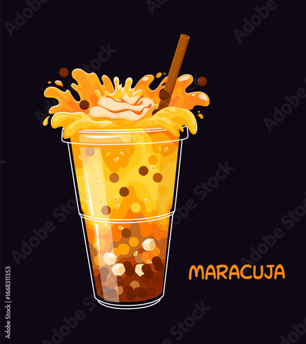 Cartoon maracuja milk bubble tea glass with bright splashes and passion fruit in a plastic cup. Vibrant tropical beverage bursting with whipped cream and juice splash, with tapioca pearls and a straw