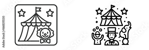 Colorful circus tent with clown and performer in festive atmosphere